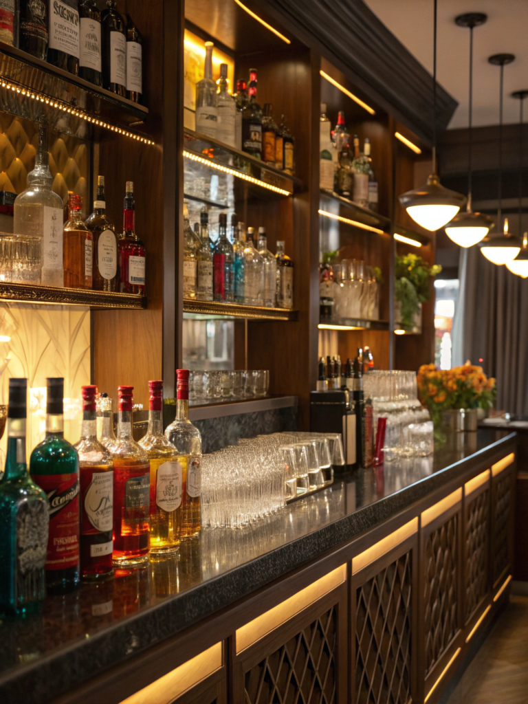 Detailaufnahme der Bar mit edlen Spirituosen